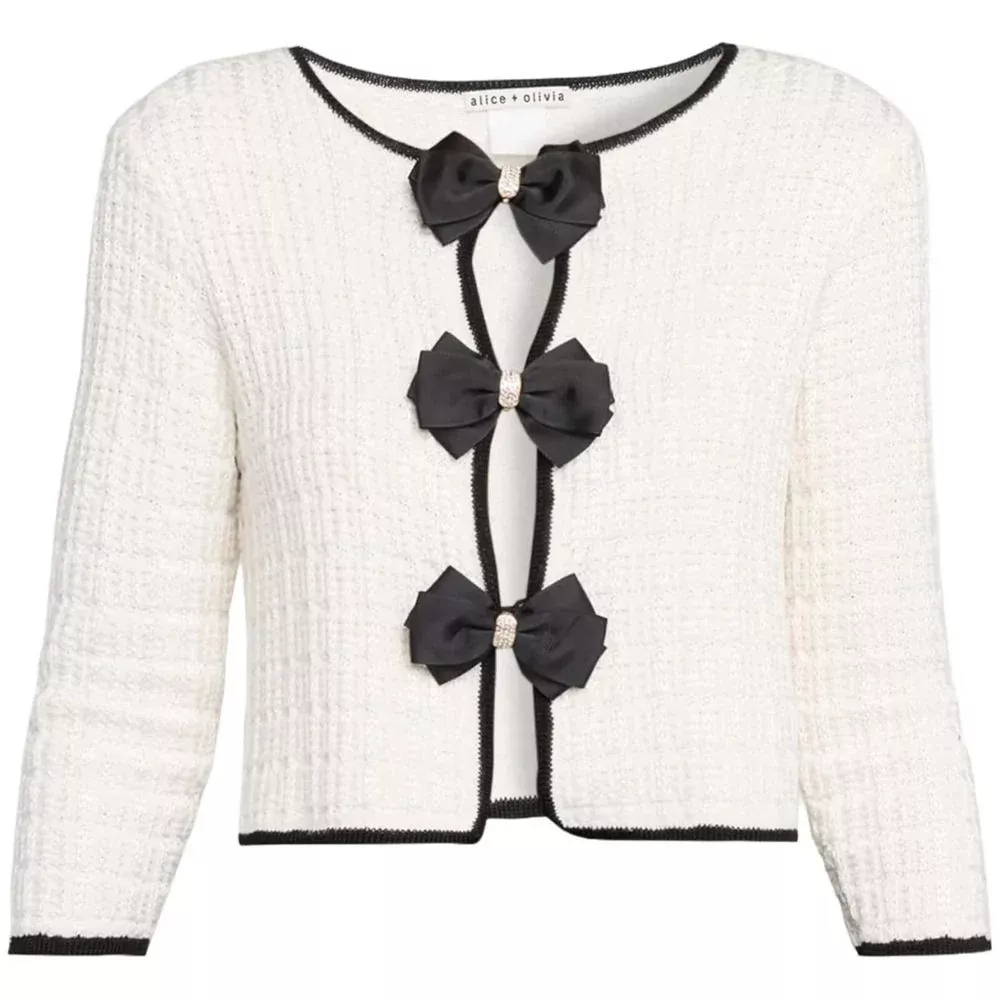alice + olivia Akira Bow Knit Cardigan, Soft White/Black