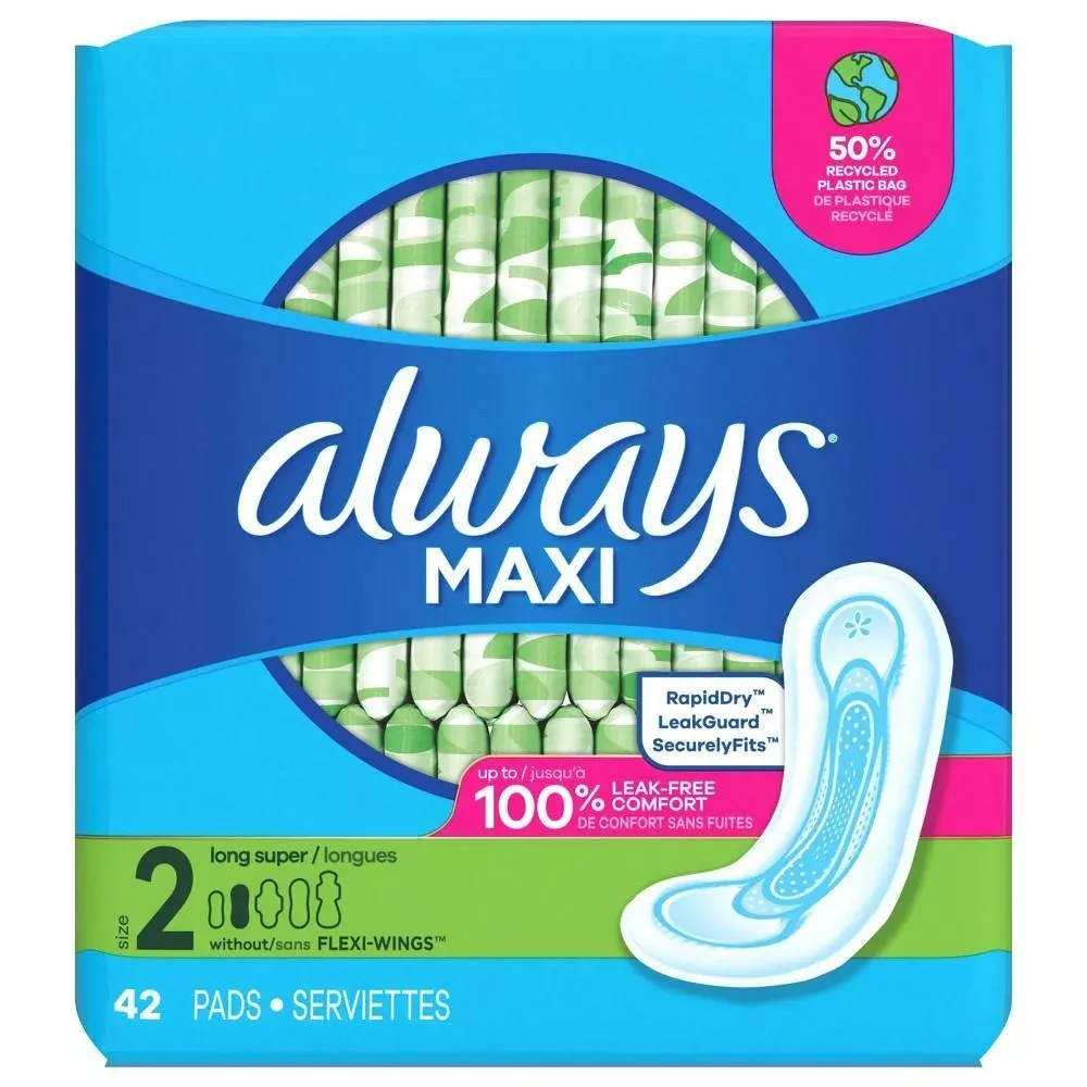 Always Maxi Pads with Wings, Size 2 Long, Unscented, 42 Count
