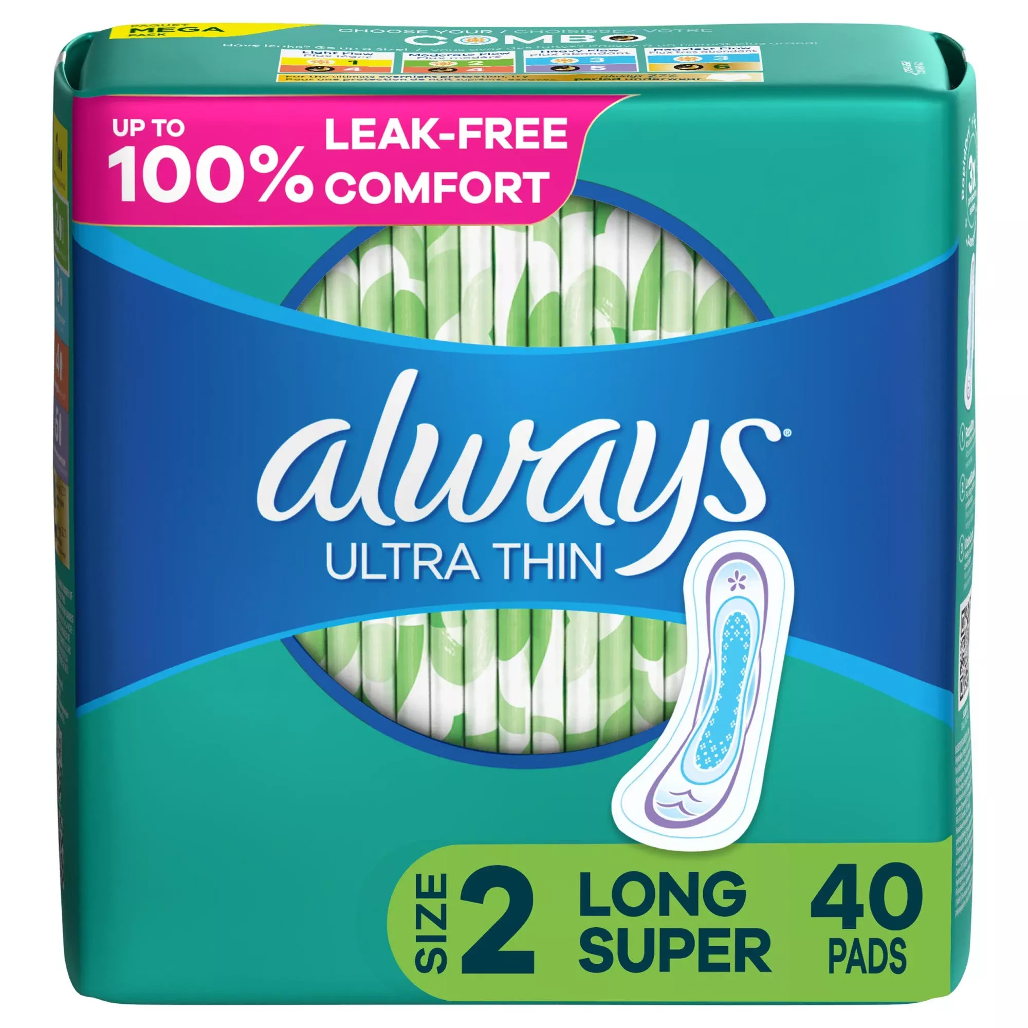 Always Ultra Thin Long Super Maxi Pad, Size 2, 40-Pack