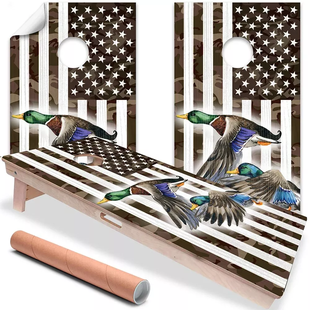 American Camo Flag Duck Flying - Cornhole Board Wrap - Set of 2