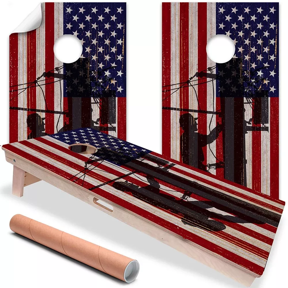 American Flag Electric Lineman - Cornhole Board Wrap - Set of 2