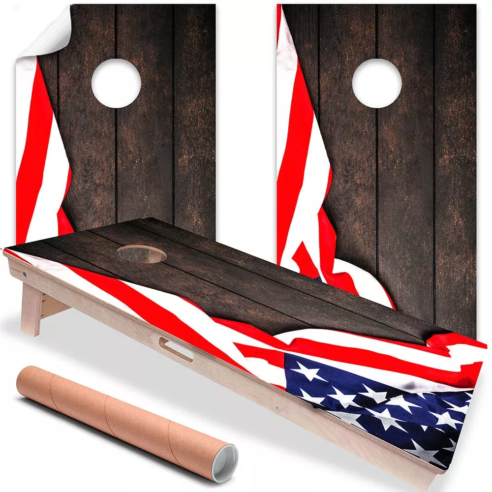 American Flag on Dark Wood - Cornhole Board Wrap - Set of 2