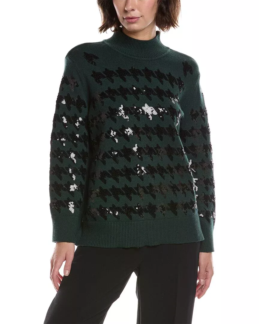 Anne Klein Sequin Houndstooth Mock Neck Sweater