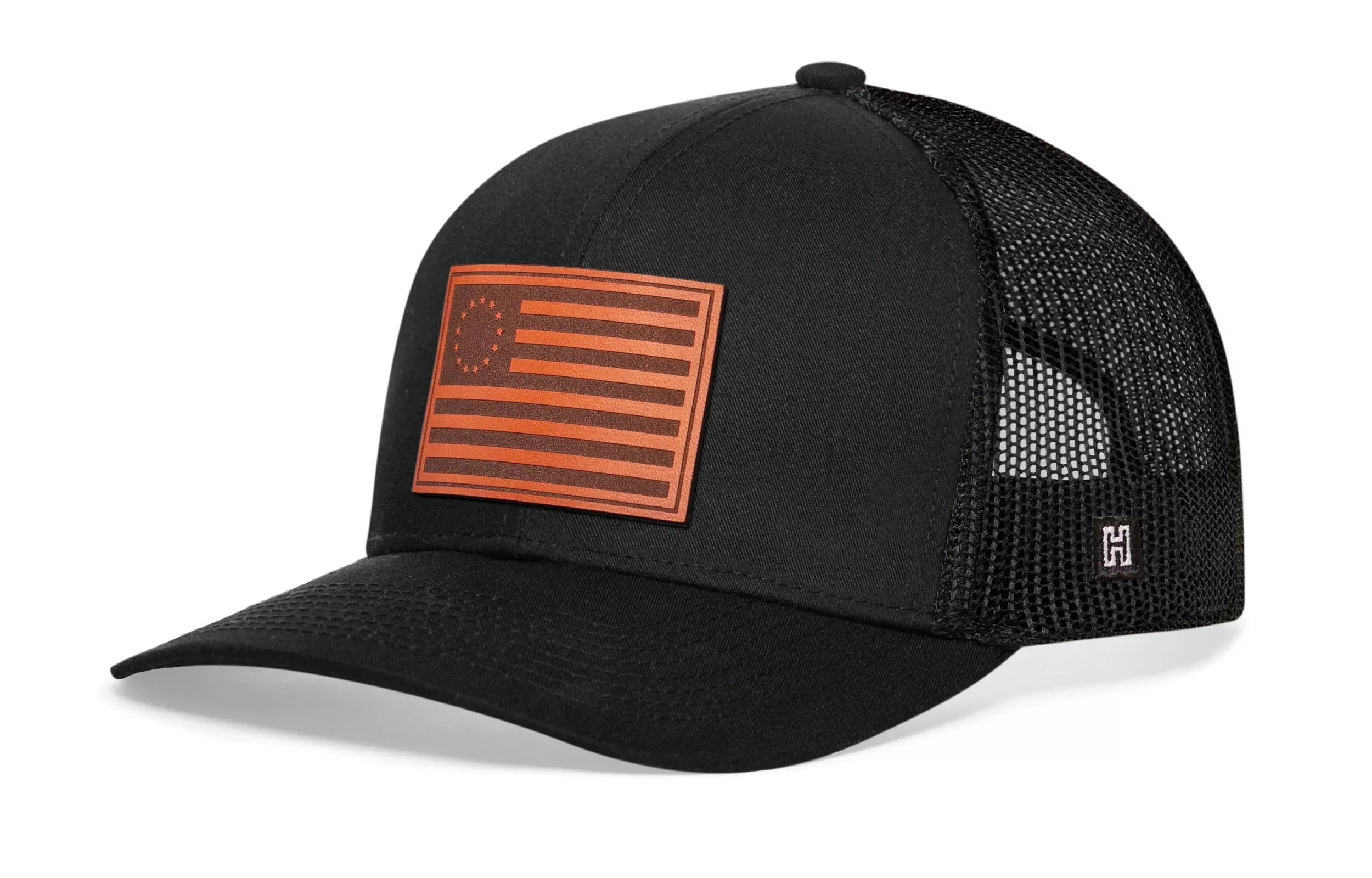 Betsy Ross Flag Trucker Hat Leather|Leather USA Snapback