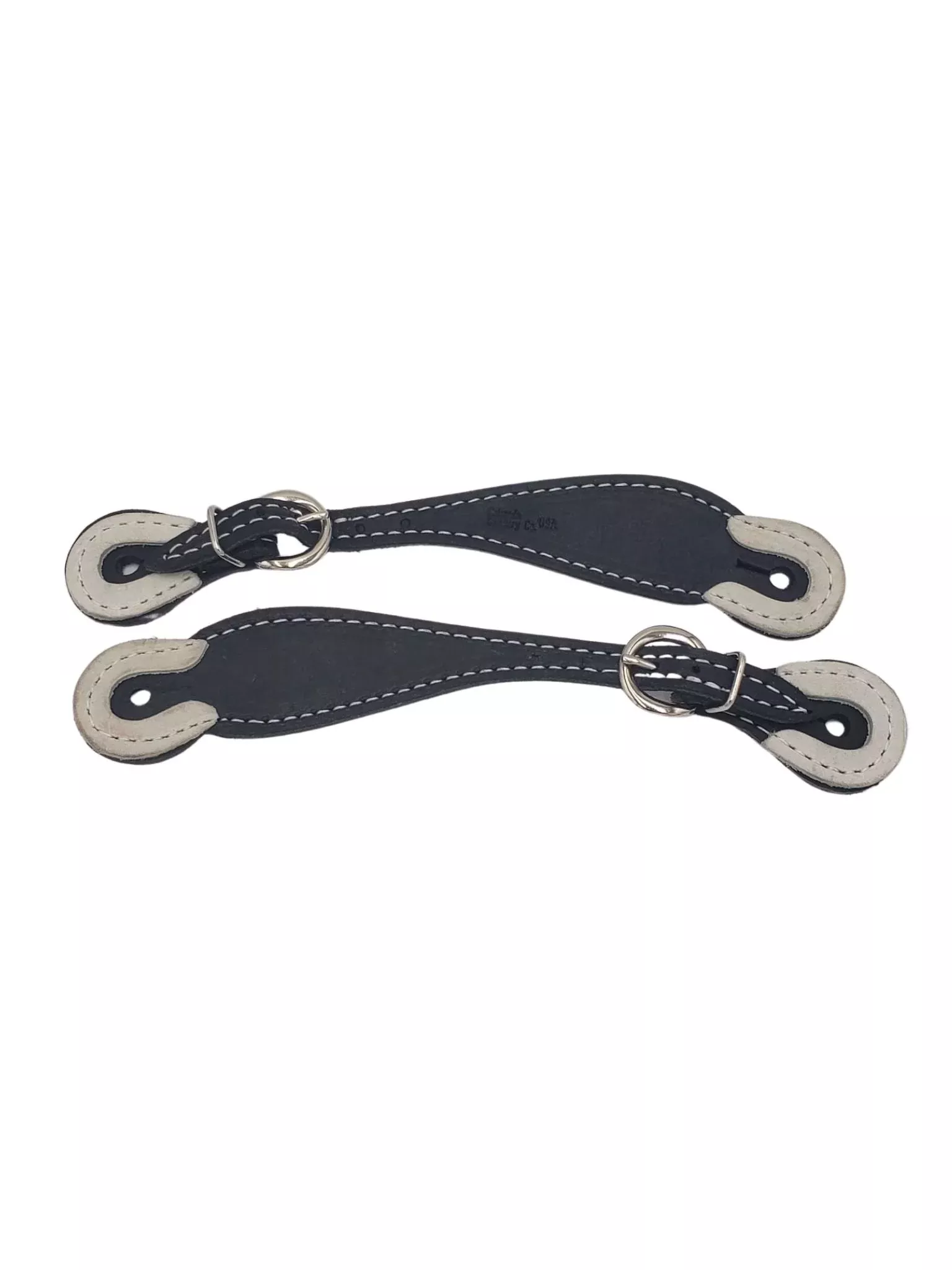Black Leather Spur Straps with Rawhide Tips and Contrasting Stitch
