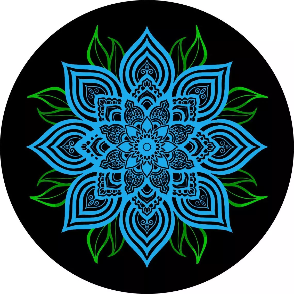 Blue Mandala Flower with Green Leaves