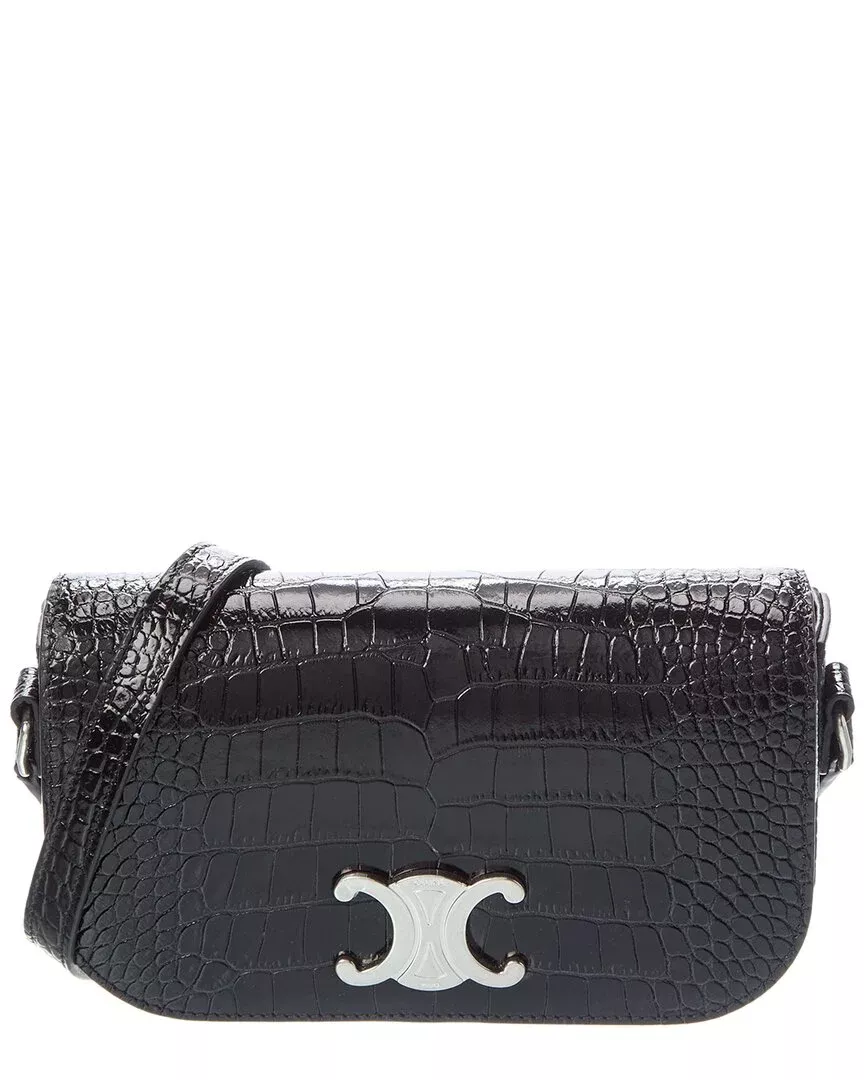 Celine Small Triomphe Croc-Embossed Leather Crossbody