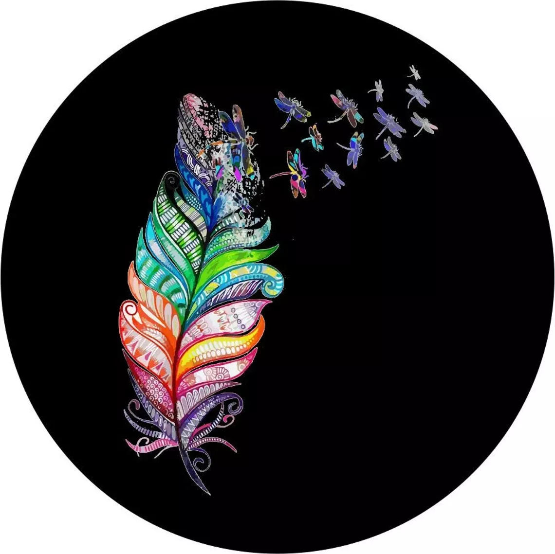 Colorful Feather with Dragonflies