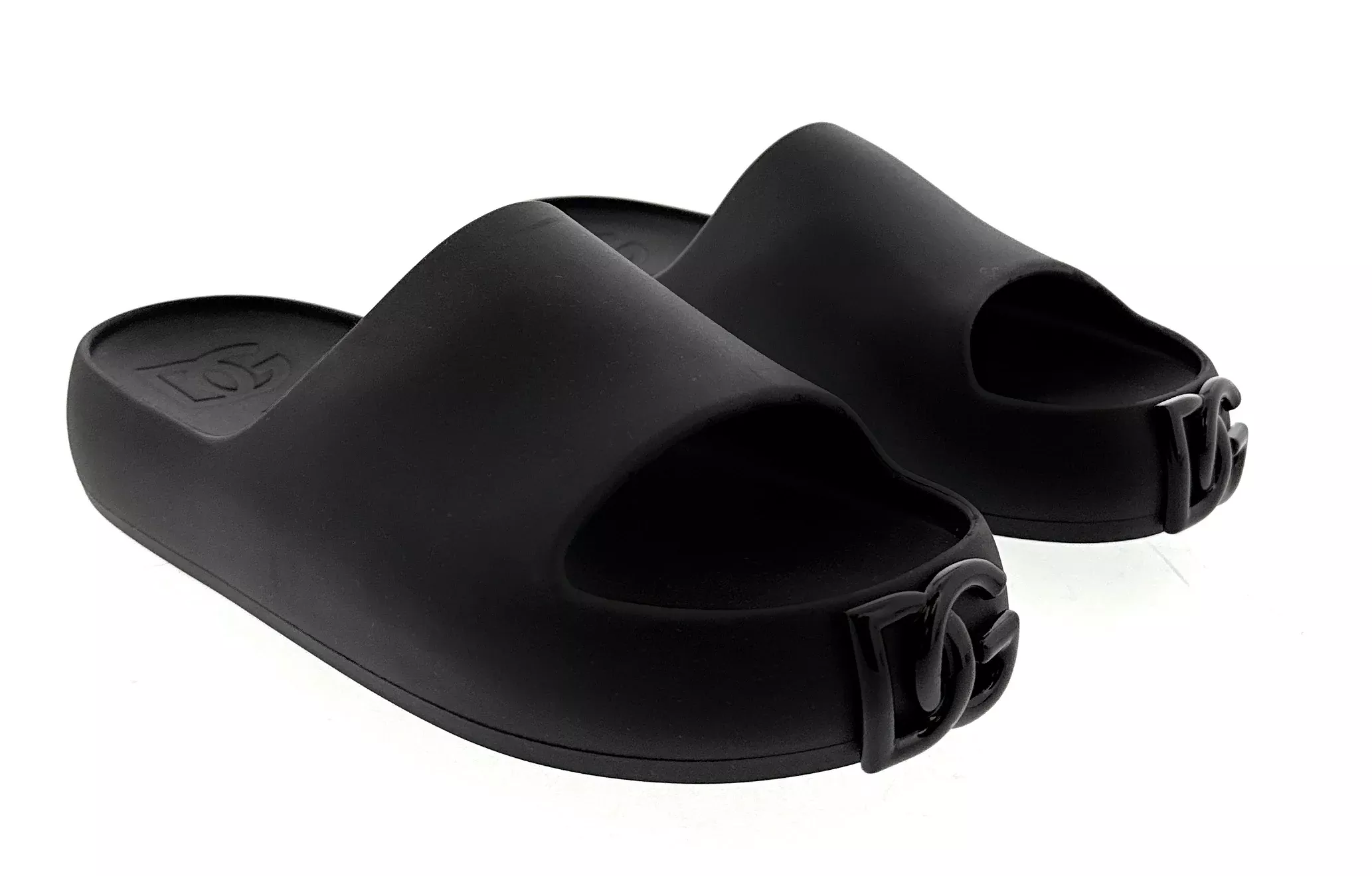 Dolce & Gabbana Matte Black DG Logo Embossed Slides-EU35