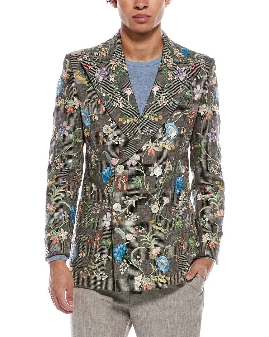 Gucci Floral Embroidered Wool & Linen-Blend Plaid Jacket