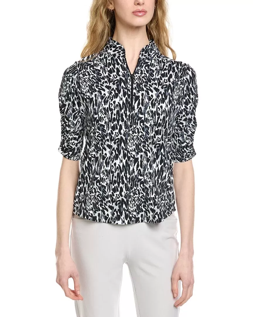 Ibkul Ruched Elbow Sleeve Mandarin Collar Top