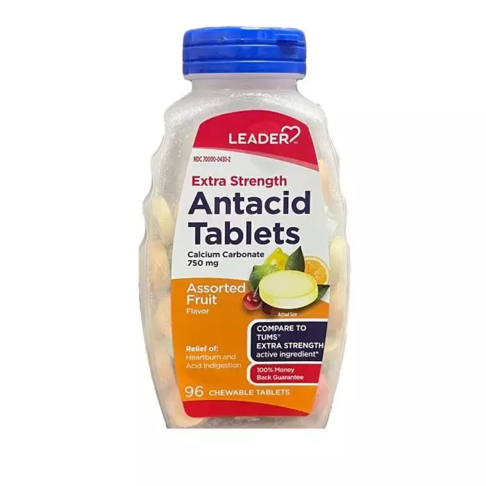 Leader Antacid, Extra Strength, 750mg, Chewable Tablets, Assorted Fruit, 96 ct
