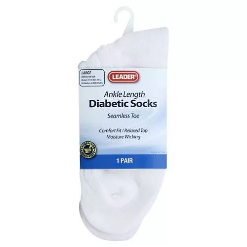 Leader™ Diabetic Ankle Socks – White, Size Large (1 Pair)