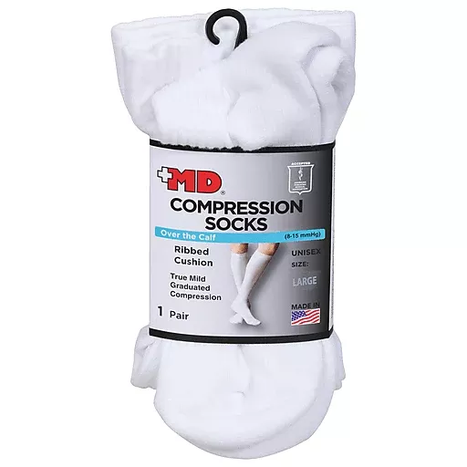 +MD Large UnisexRibbed Cushion White Over The Calf Compression 1Ea