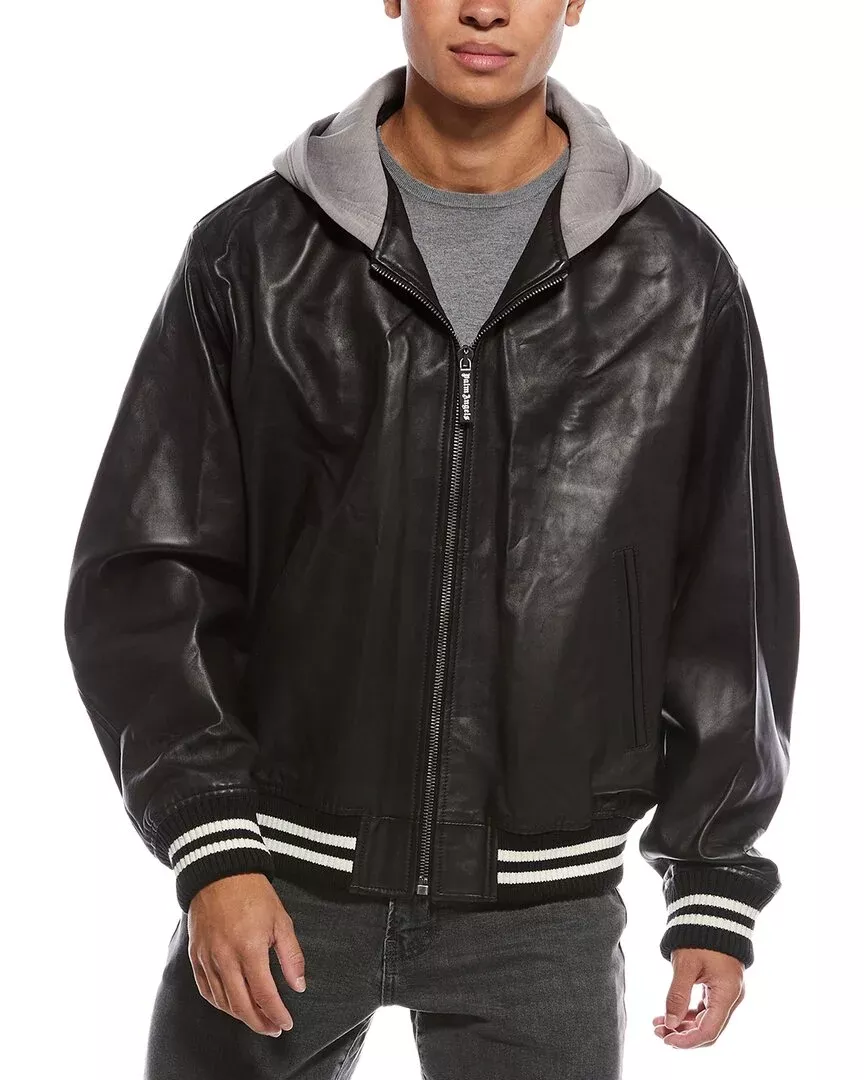 Palm Angels Curved Logo Leather Bomber Jacket