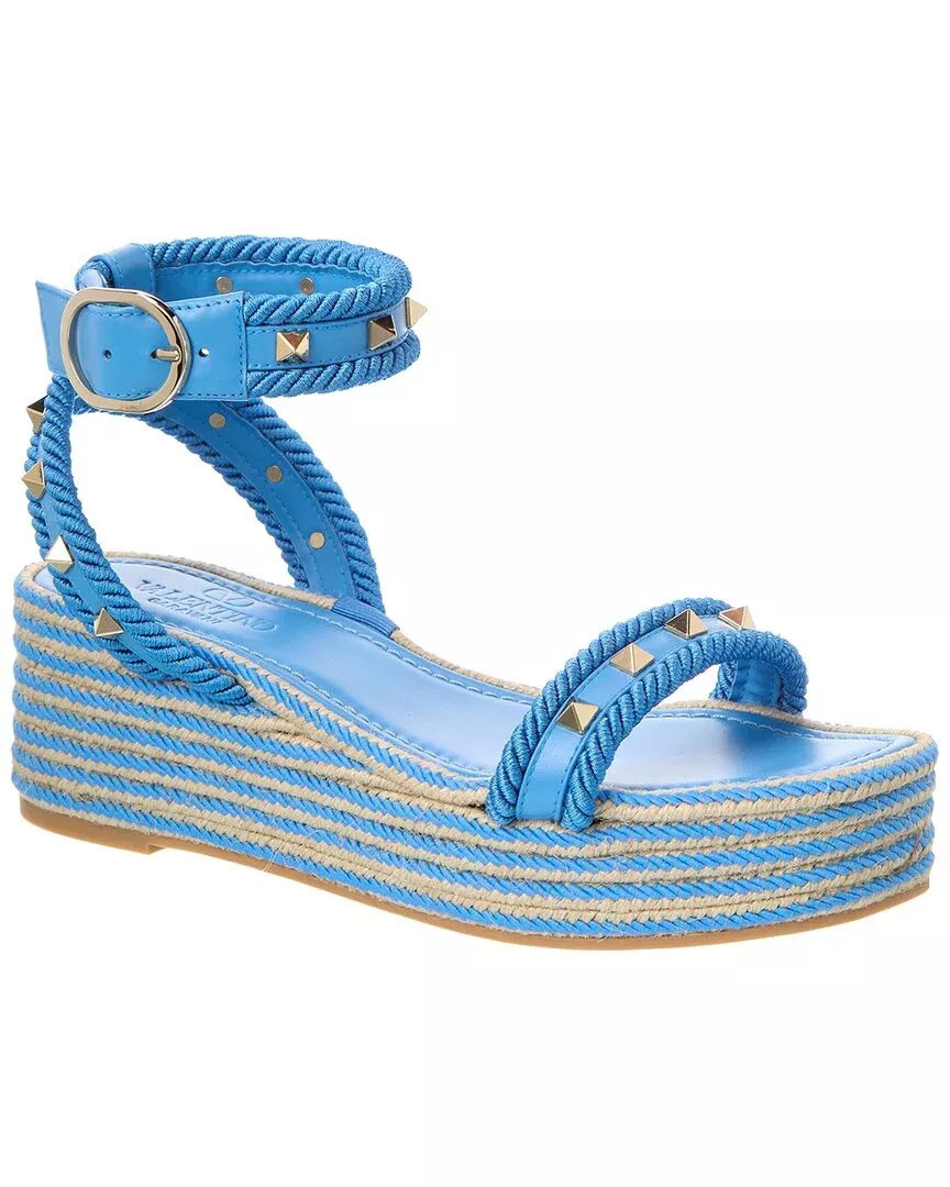 Valentino Rockstud 45 Leather Wedge Sandal