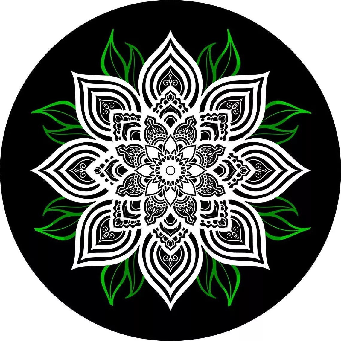 White Mandala Flower with Green Leaves